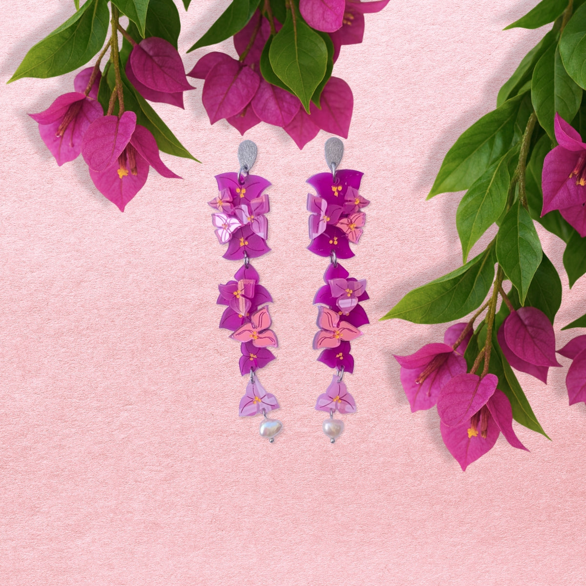 Bougainvillea dangle earrings in pink