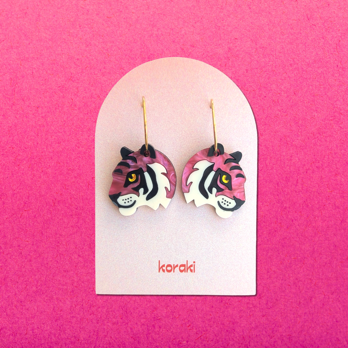 Pink Tiger Head Earrings