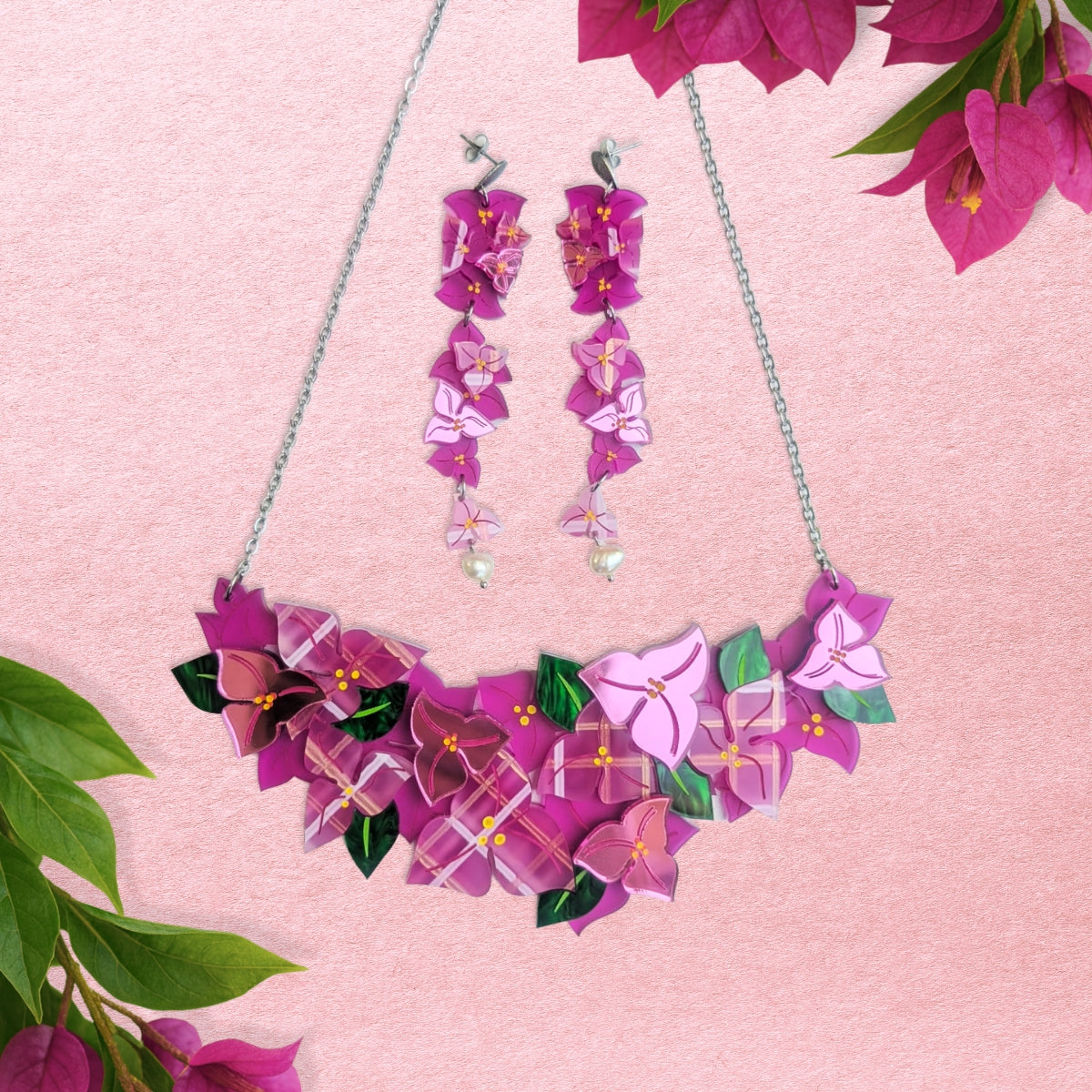 bougainvillea magenta necklace and earrings