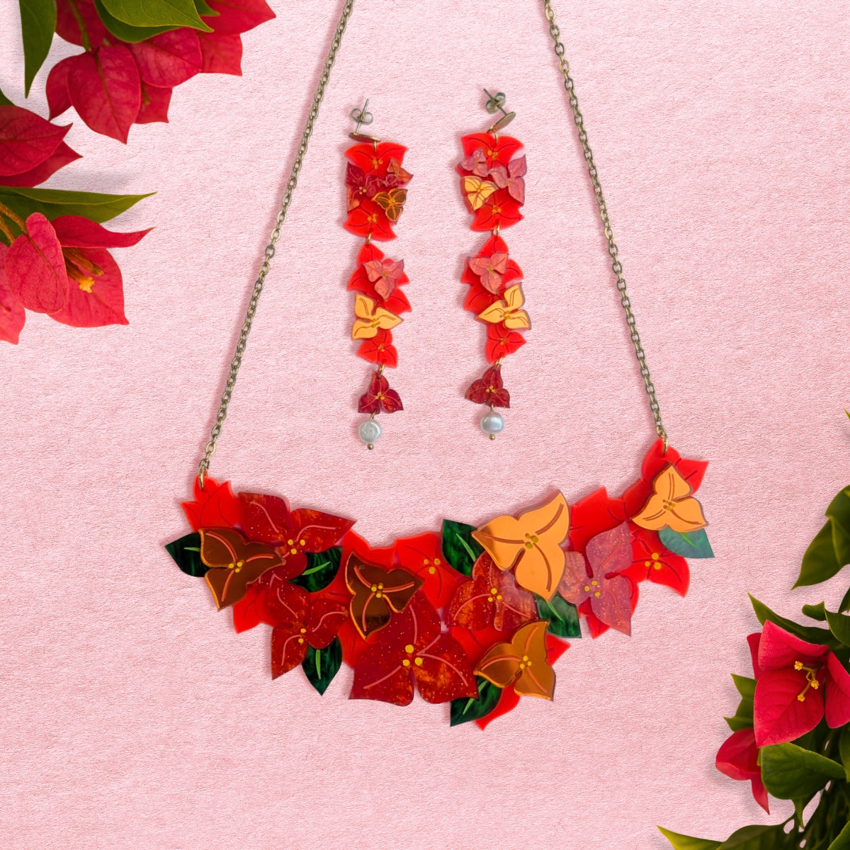 orange bougainvillea necklace and earrings